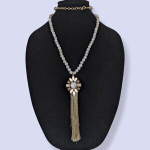 Bohemian Natural Chalcedony Beaded Fringe Pendant Necklace